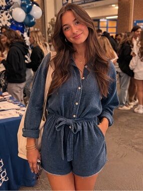 aerie Blue Textured Button-Front Romper with Tie Waist NWT. Size S Oversized.